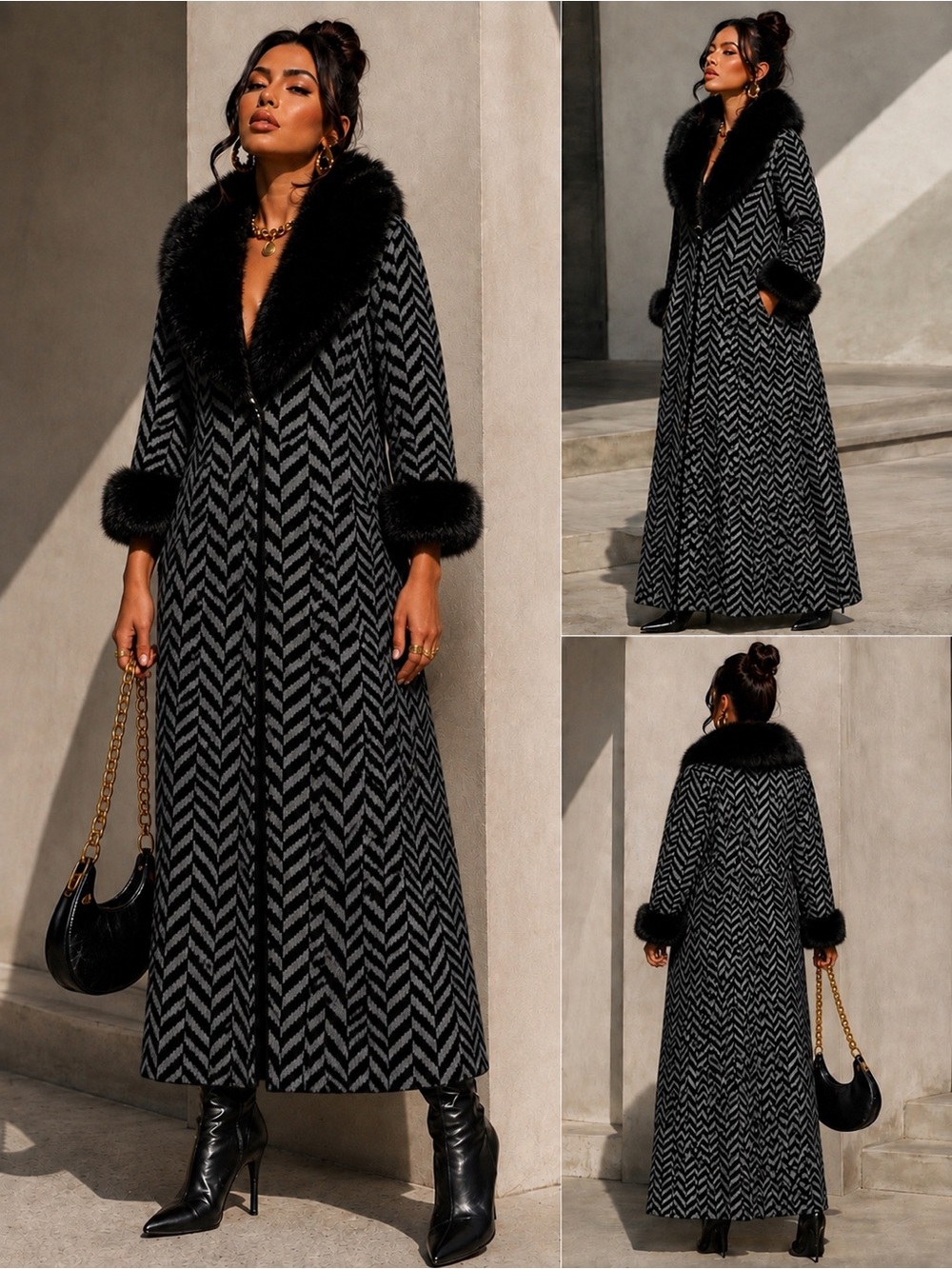 Lux Faux-Fur Trim Chevron Maxi Sweater Coat - Black/Gray